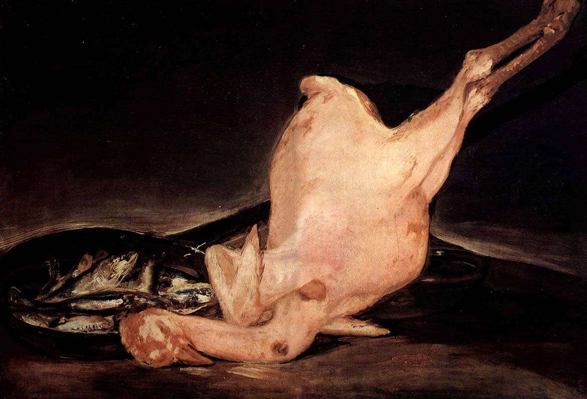 Still life Plucked Turkey and Pan Fish